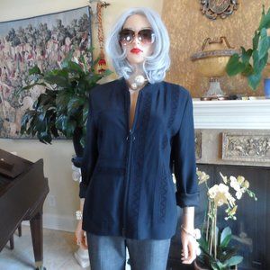 New Akris Punto Black Front Zipper Jacket w/Lace Insert Detail Size US 10